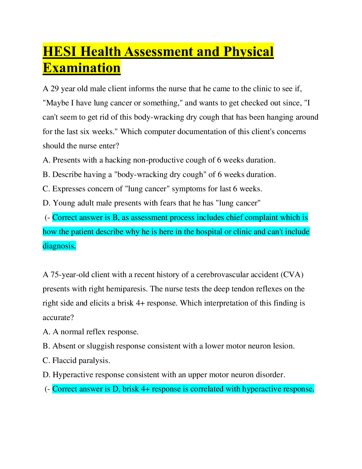 HESI Health Assessment and Physical Examination/ Questions & Answers